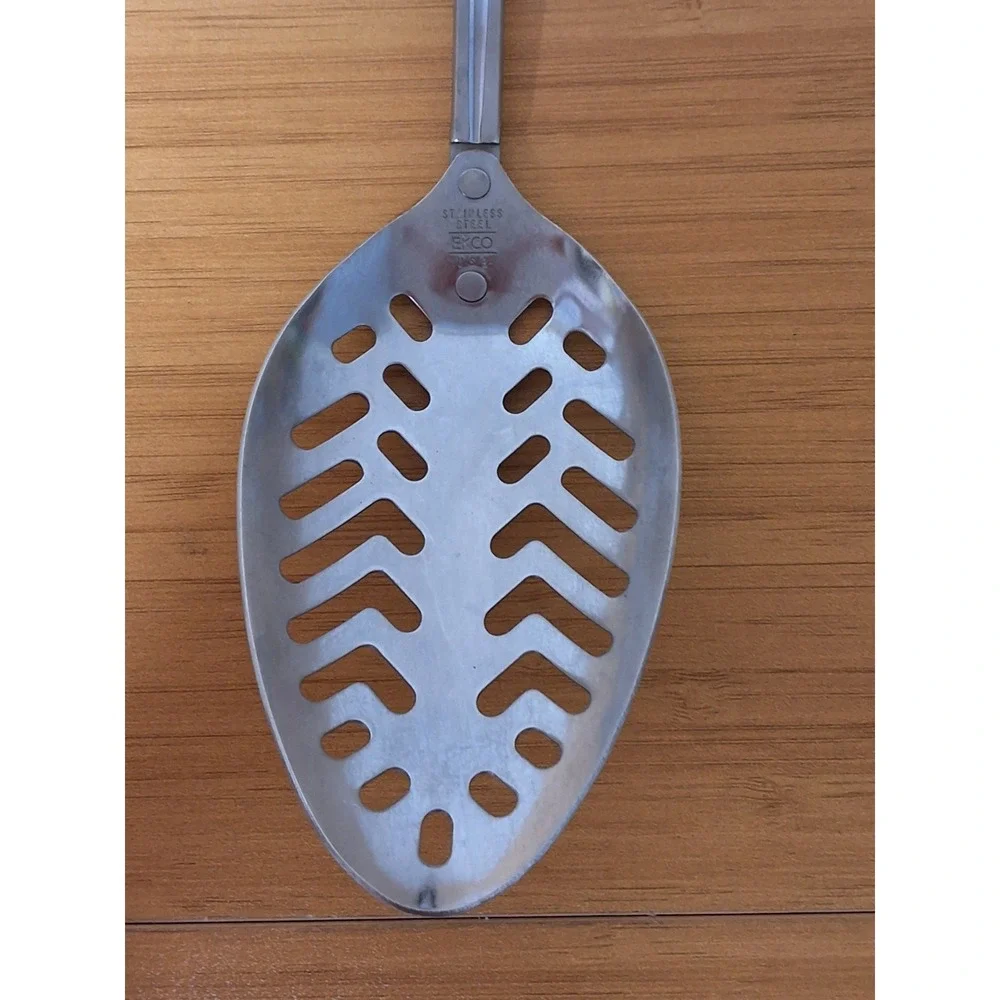 Vintage EKCO USA Stainless Steel Serving Spoon Utensil With Faux Wooden Handle